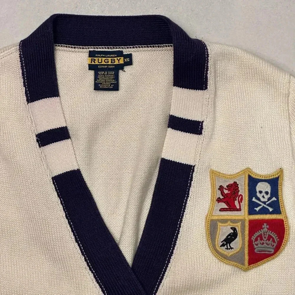 Ralph Lauren Rugby Vintage Sweater with Crest Patch, Cream 80s Preppy Cardigan - Picture 4 of 11